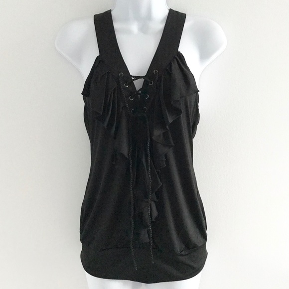 NWOT XOXO Black Roped Criss Cross Ruffled Women’s Tank Top - Picture 3 of 11